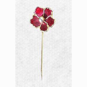 Red Flower Enamel Stick Pin - Gold Tone Metal